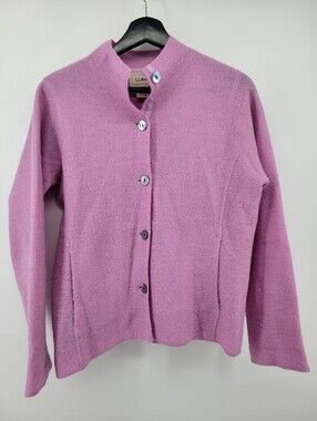 L.L. Bean wool button-up boiled wool cardigan jacket in a heathered pink/orchid